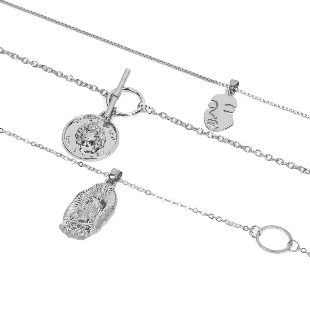 Silver Coin Layered Pendant Necklace Chain Face Head - Picture 3 of 7